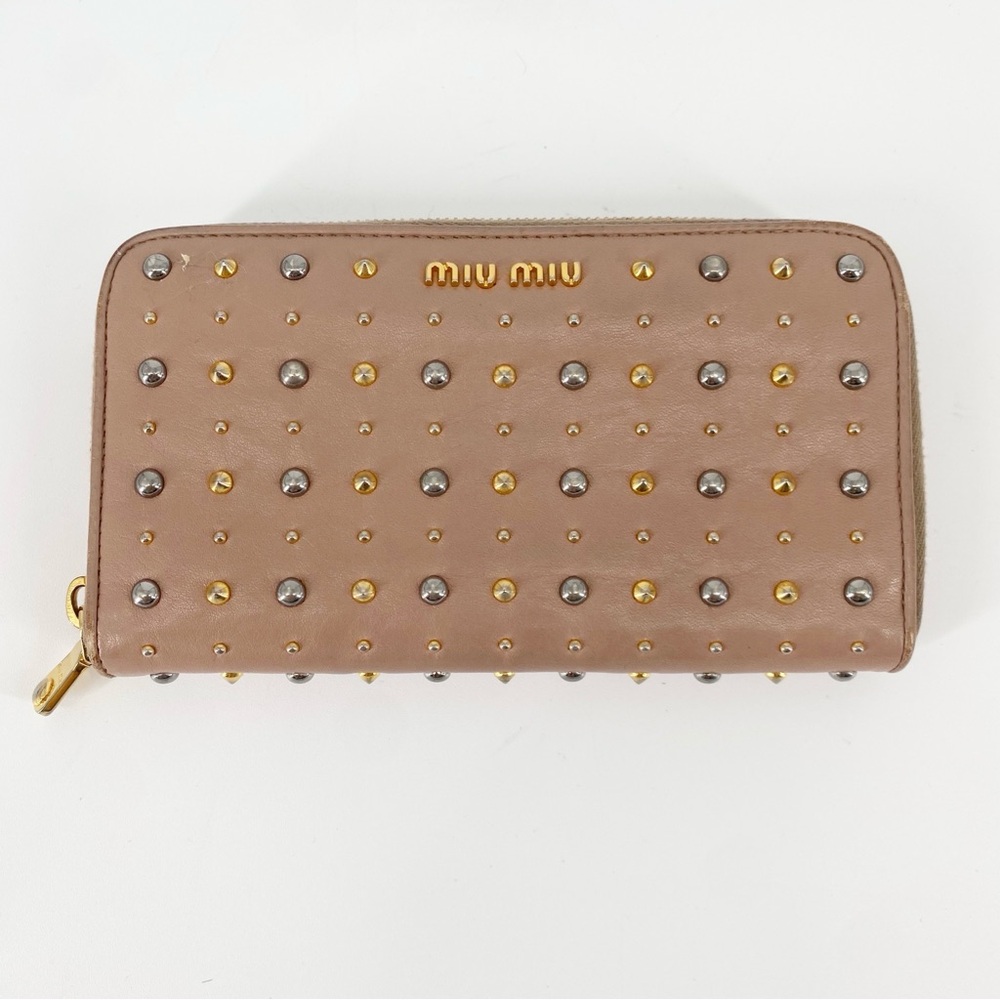 Miu Miu Studded Leather Continental Zip Wallet Blush Pink